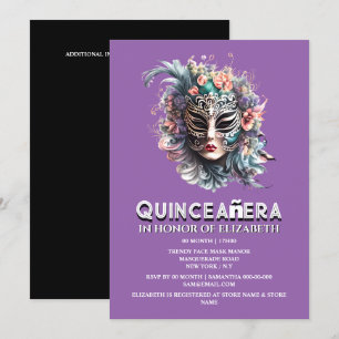 Purple teal masquerade theme quinceanera birthday invitation