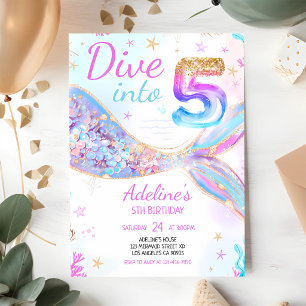 Purple Teal Mermaid 5th Birthday Invitation