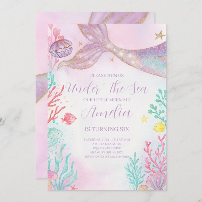 Purple Teal Mermaid Birthday Invitation (Front/Back)
