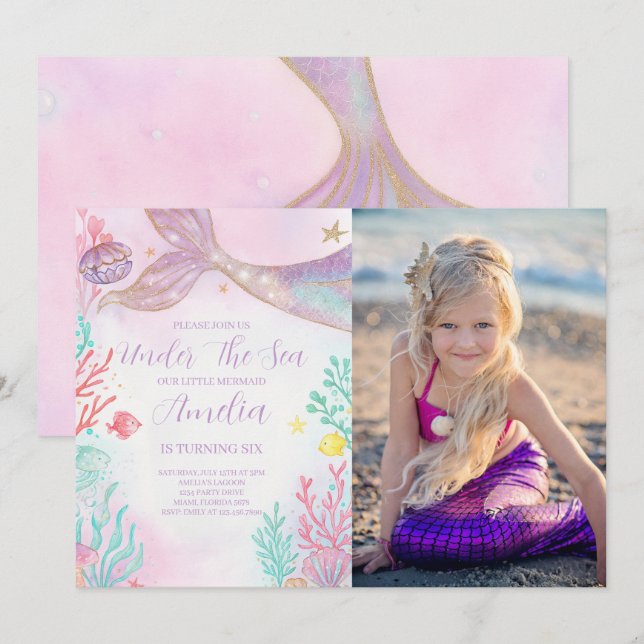 Purple Teal Mermaid Birthday Photo Invitation (Front/Back)