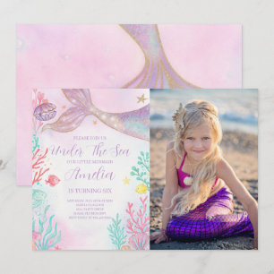 Purple Teal Mermaid Birthday Photo Invitation