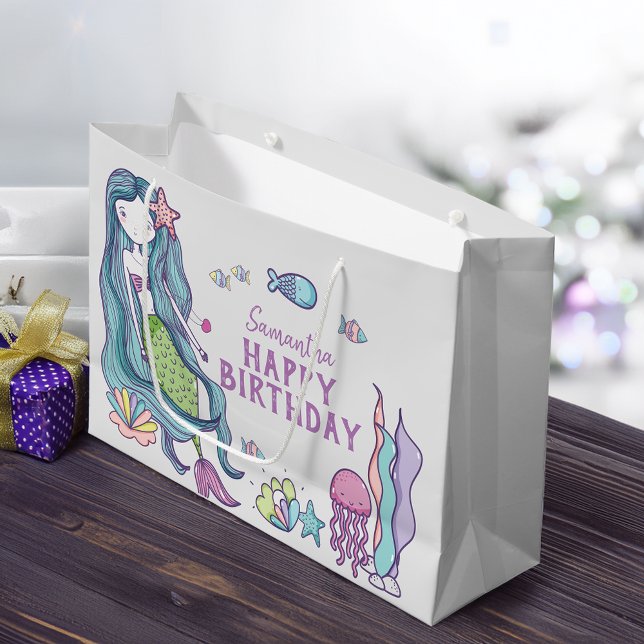 Purple Teal Mermaid Happy Birthday Personalized Large Gift Bag (Purple Teal Mermaid Happy Birthday Personalized Large Gift Bag)