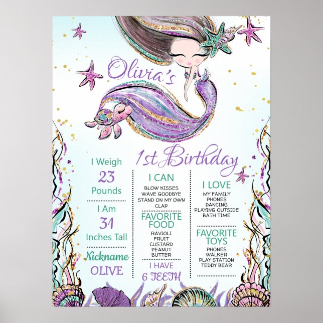Purple Teal Mermaid Turtle 1st Birthday Milestone  Poster (Front)