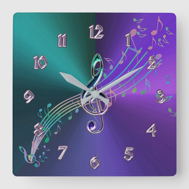 Purple Teal Metallic With Glass Music Clef Clock (Front)