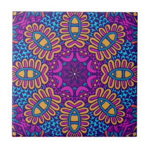 Purple, Teal, Orange & Gold Abstract Floral Mandal Tile