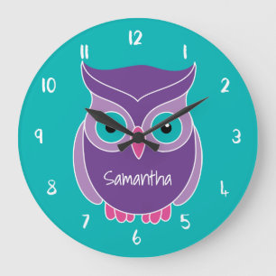 Purple Teal Owl Kids Personalized Animal Large Clock