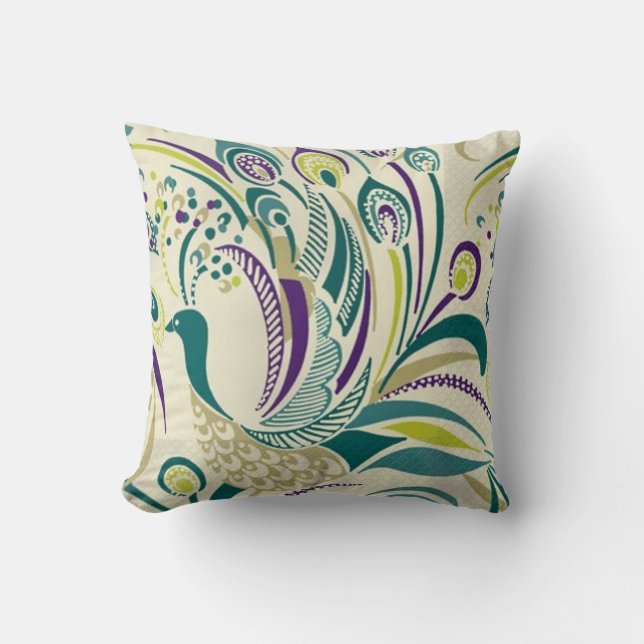 Purple Teal Peacock Swirl Throw Pillow by American (Front)