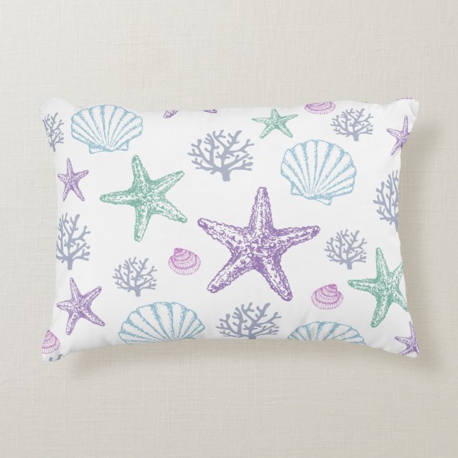 Purple Teal Seashell Starfish Coastal Shells Accent Pillow (Front)