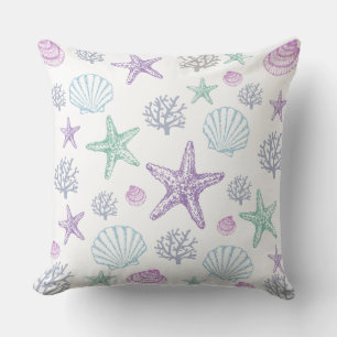 Purple Teal Seashell Starfish Coastal Shells Throw Pillow