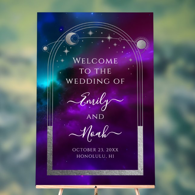 Purple Teal Silver Celestial Wedding Welcome Acrylic Sign (Neutral)