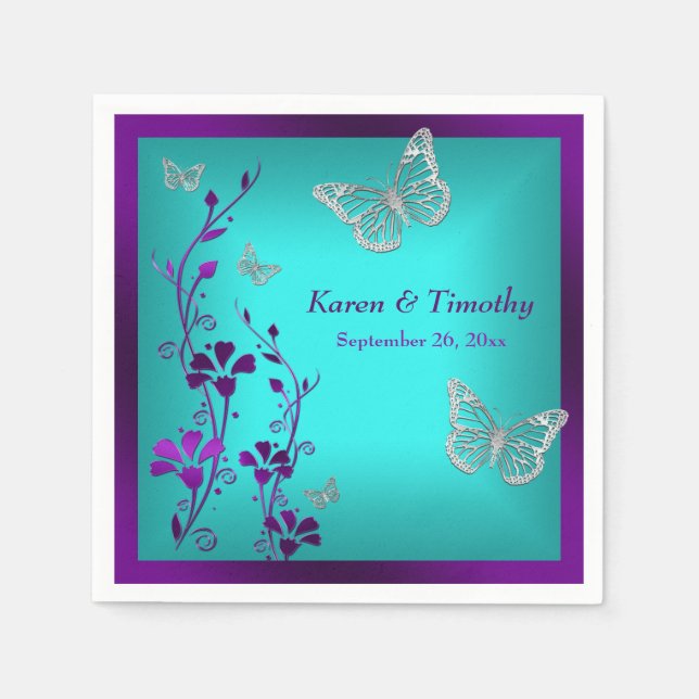 Purple Teal Silver Floral, Butterflies Napkins (Front)