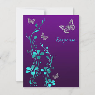 Purple Teal Silver Floral, Butterflies RSVP Card