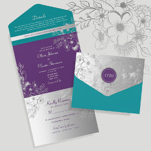 Purple Teal Silver Floral Wedding All In One Invitation