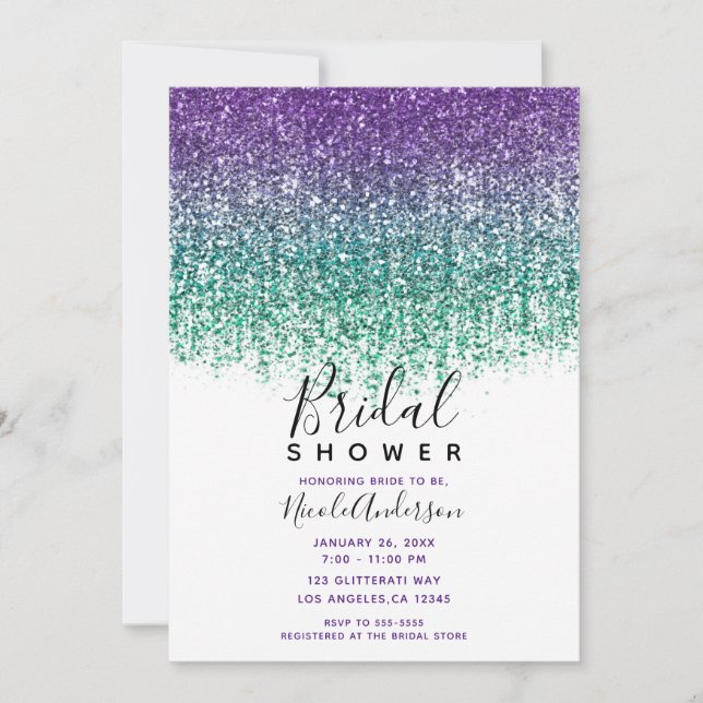 Purple Teal Sparkly Glitter Bridal Shower  Invitation (Front)