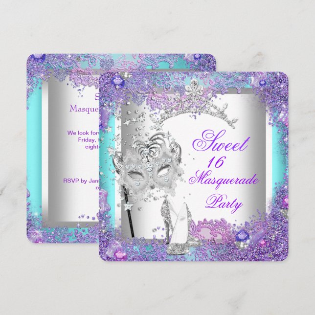 Purple Teal Sweet Sixteen 16 Masquerade Party Invitation (Front/Back)