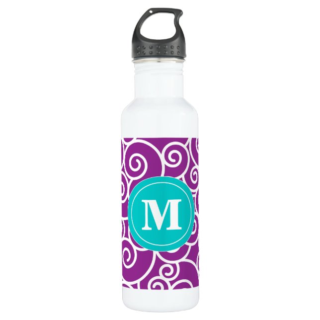 Purple Teal Swirls Monogram Water Bottle (Front)