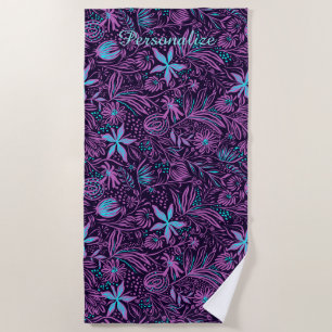 Purple & Teal Tropical Flowers Summer Personalize Beach Towel