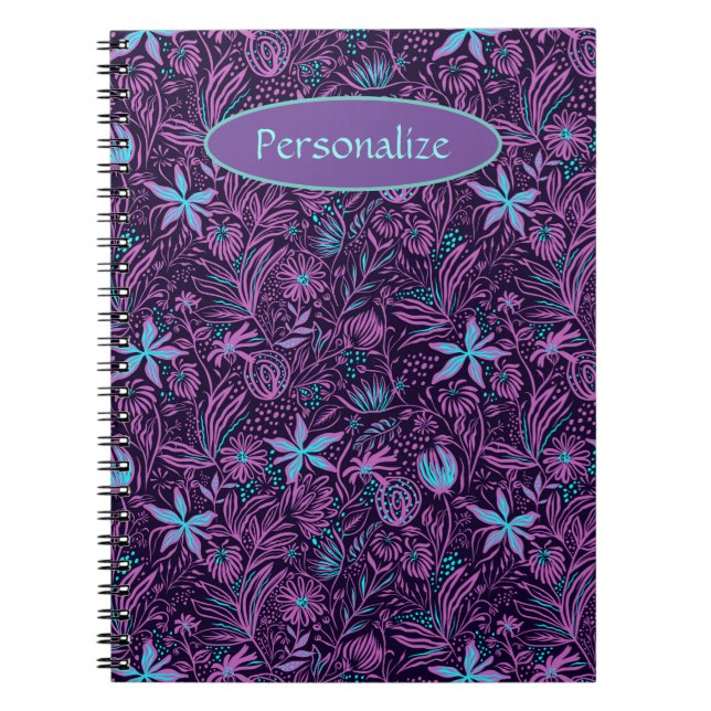 Purple & Teal Tropical Flowers Summer Personalize Notebook (Front)