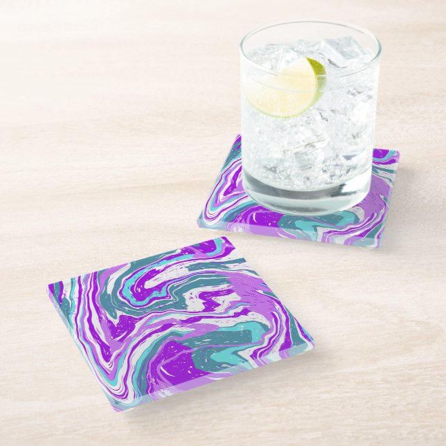 Purple, Teal, Turquoise Marble Fluid Art    Glass Coaster (Angled)