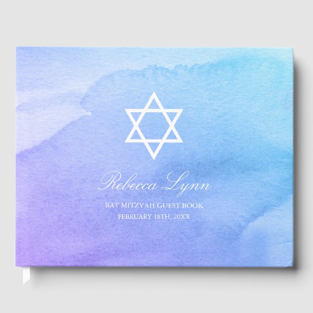 Purple Teal Watercolor Bat Mitzvah Guest Book (Front)