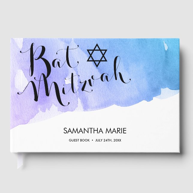 Purple Teal Watercolor Bat Mitzvah Guest Book (Front)