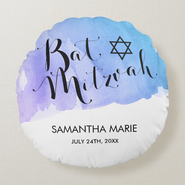Purple Teal Watercolor Bat Mitzvah Round Pillow (Front)