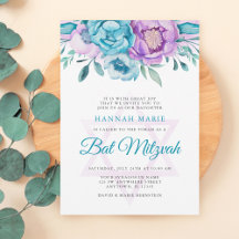 Purple Teal Watercolor Floral Bat Mitzvah