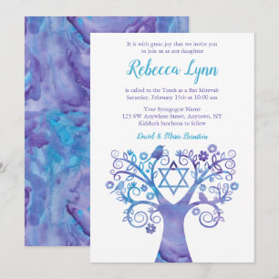 Purple Teal Watercolor Tree of Life Bat Mitzvah Invitation