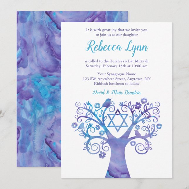 Purple Teal Watercolor Tree of Life Bat Mitzvah Invitation (Front/Back)