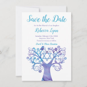 Purple Teal Watercolor Tree of Life Bat Mitzvah Save The Date
