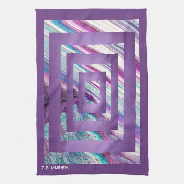 Purple Teal White Geometric Abstract Kitchen Towel (Vertical)