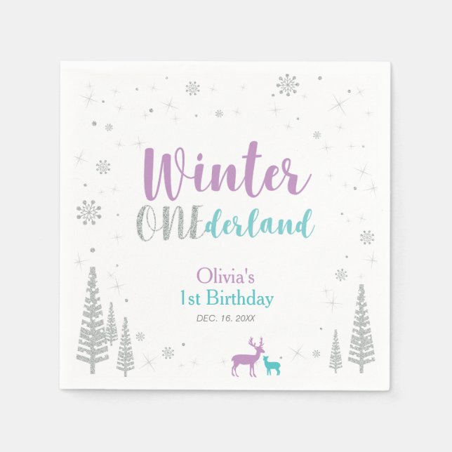 Purple & Teal Winter Onederland 1st Birthday Party Napkin (Front)