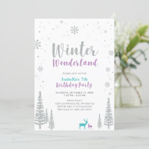 Purple & Teal Winter Wonderland Kids Birthday Invitation