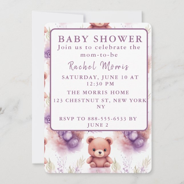 Purple Teddy Bear and Flowers - Baby Shower Invitation (Front)