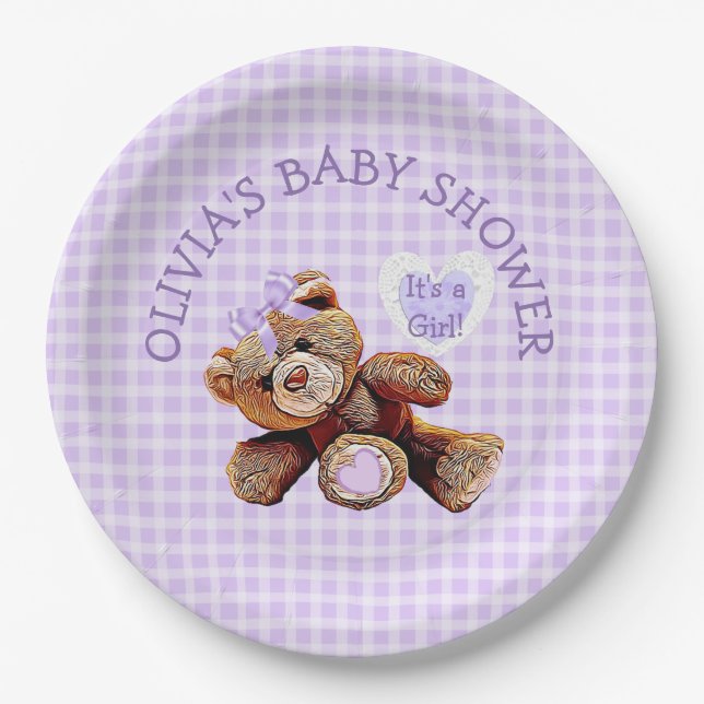 PURPLE Teddy Bear Baby Shower Paper Plates (Front)
