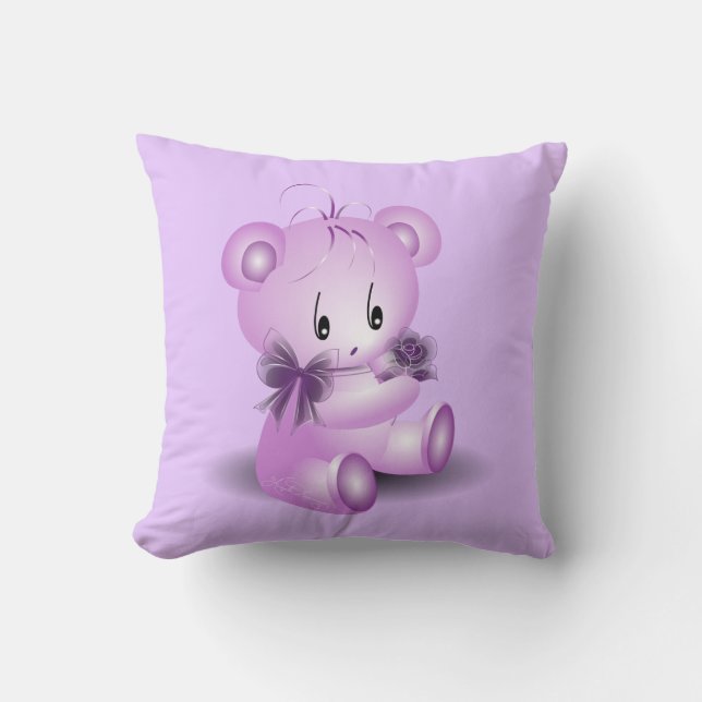 Purple Teddy Bear With Rose Throw Pillow (Front)