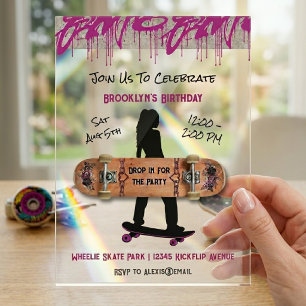 Purple Teen Girl Skateboarding Birthday Party Acrylic Invitations