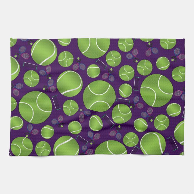 Purple tennis balls rackets and nets kitchen towel (Horizontal)
