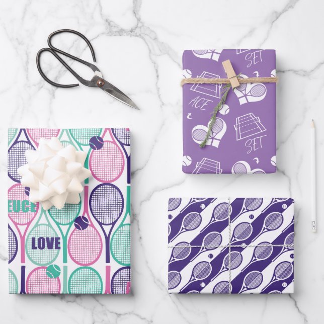 💜Purple  tennis motifs on wrapping paper sheets (Front)