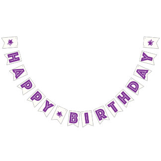 PURPLE TEXT & STARS ON WHITE BKGD ☆HAPPY BIRTHDAY☆ BUNTING FLAGS