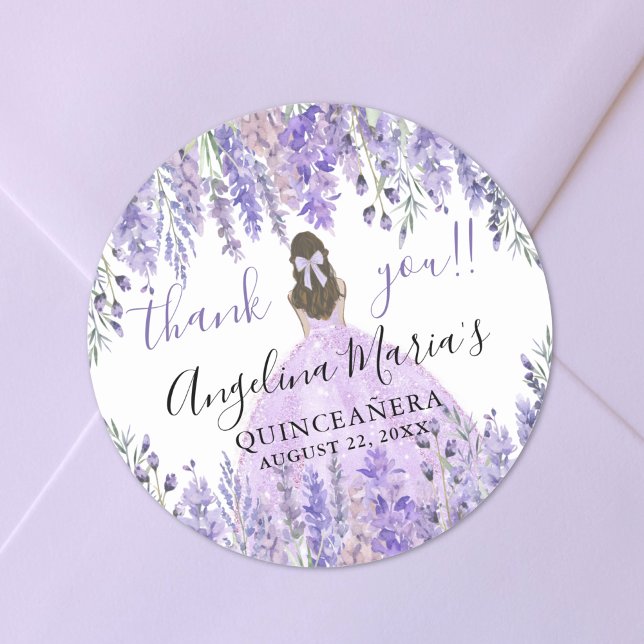 Purple Thank You Floral Quinceanera Classic Round Sticker (Purple Thank You Floral Quinceanera Classic Round Sticker)