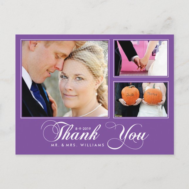Purple Thank You Wedding 3 Photo Modern Postcard (Front)