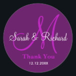 Purple Thank You Wedding Monogram Sticker<br><div class="desc">Initial Stickers with bride and groom name, date of wedding and a thank you message to express your gratitude on your wedding day or any special occasion. .This monogram wedding sticker is in purple colour .More colours are available for your choice . You can also customize the colour and font...</div>