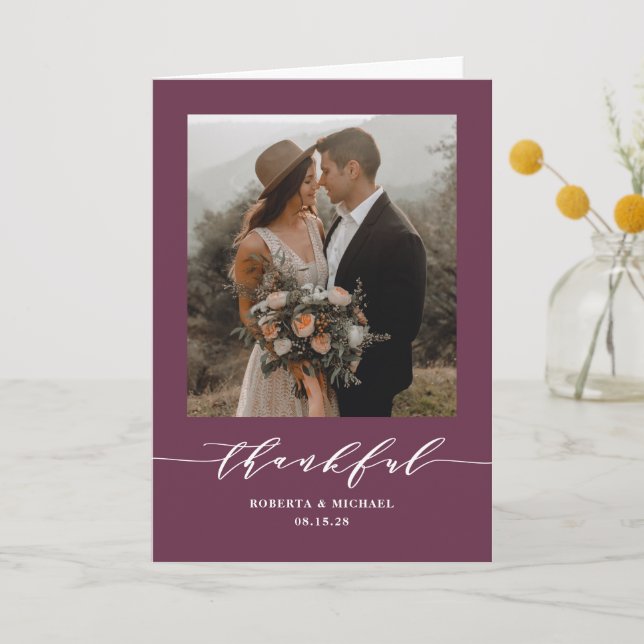 Purple Thankful Script Wedding Folded Thank You Card (Front)