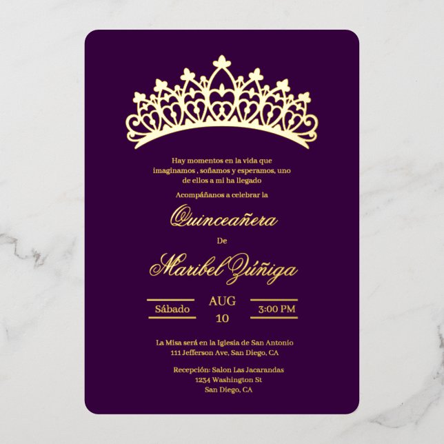 Purple theme Quinceanera Foil Invitation (Front)