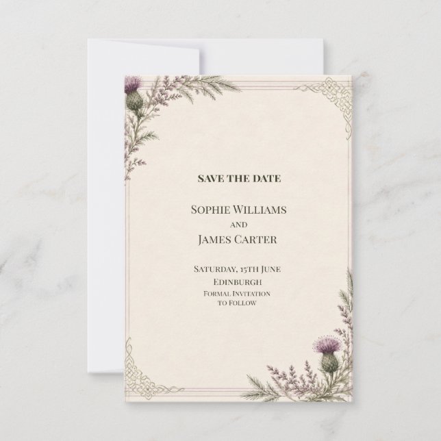 Purple Thistle Heather Celtic Wedding Save The Date (Front)