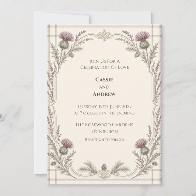 Purple Thistle Pine Celtic Tartan Wedding Invitation (Front)