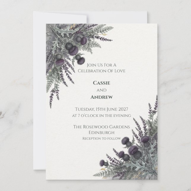 Purple Thistle Scottish Wedding Invitation (Front)