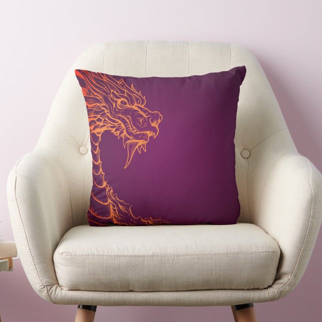 Purple Throw Pillow with Colourful Dragon Print (Creator Uploaded)