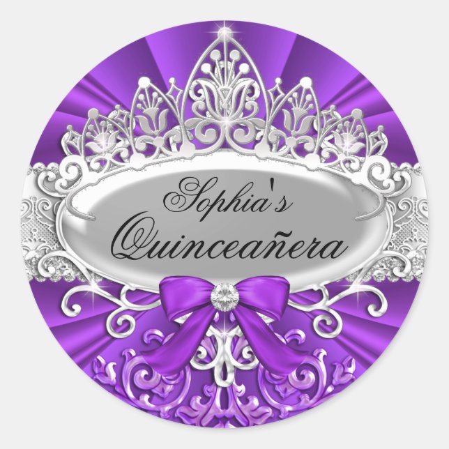 Purple Tiara & Damask Quinceanera Sticker (Front)